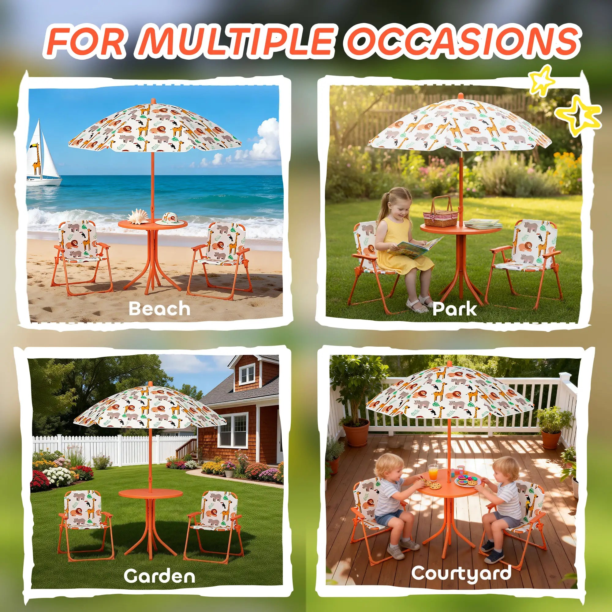 Kids Patio Set, Children Table and Chair Set, Outdoor Picnic Table with 2 Folding Chairs and Umbrella, Orange