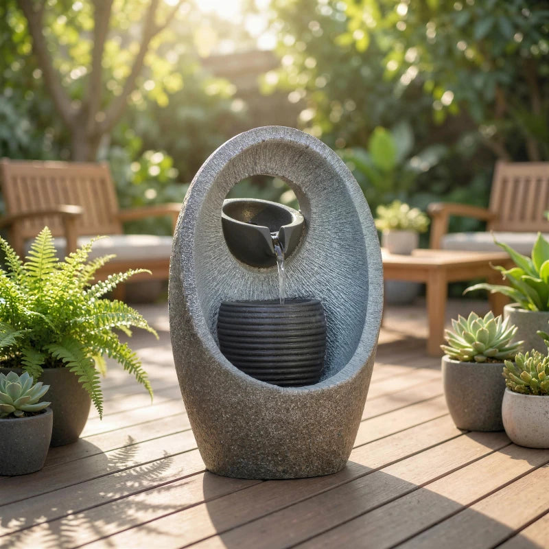 SMALL Water Feature with 2-Tier Bowls, Garden Water Fountain with Pump and LED Lights, Resin Cascading Waterfall