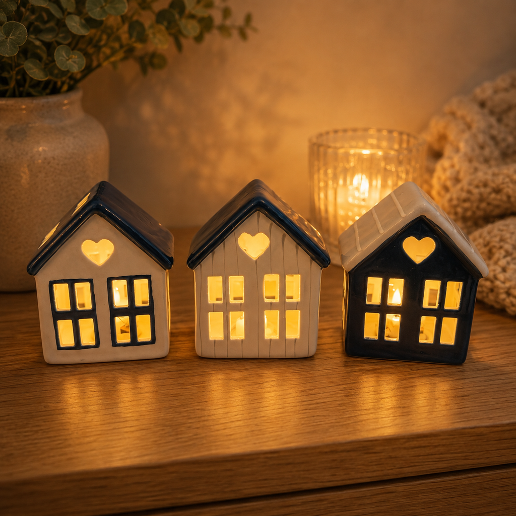 Set of 3 LED Coastal Beach Houses – Navy, White & Grey Light Up Ornaments