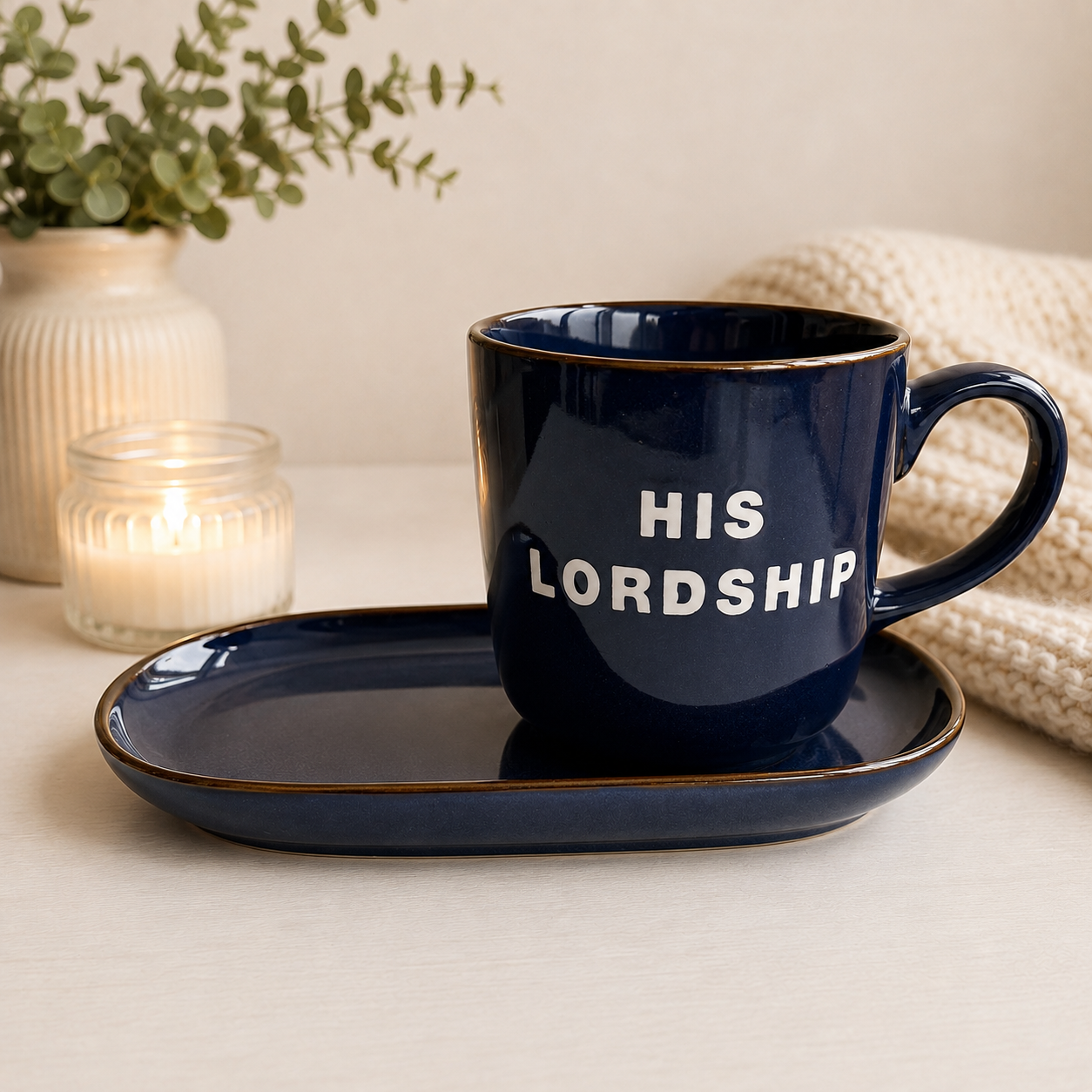 Navy blue His Lordship ceramic mug with matching elongated oval biscuit and snack tray
