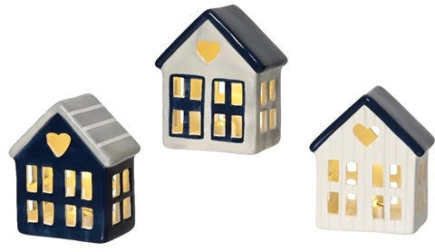 Set of 3 LED Coastal Beach Houses – Navy, White & Grey Light Up Ornaments