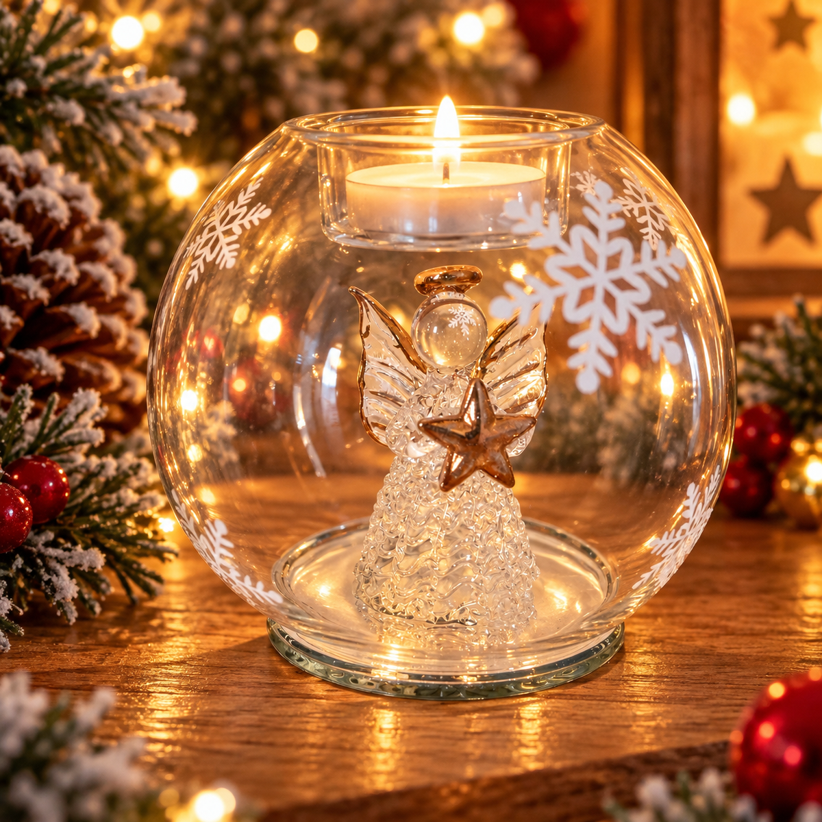 Glass angel tea light holder with candle – Christmas memorial angel decoration 10 x 10 x 9cm