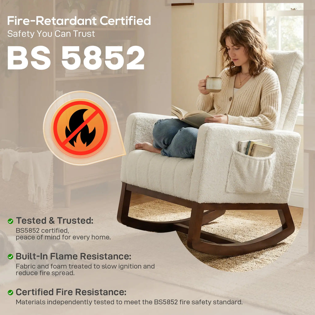 Rocking Chair for Adults, Lounge Rocker Chair with Lumbar Pillow, High Back, Wood Base, Side Pockets, Cream White