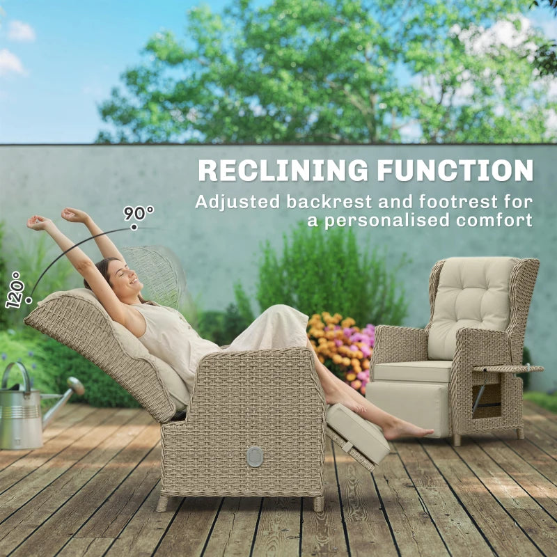 Rattan Garden Recliner Chair, Reclining Garden Chair with Adjustable Back and Footrest, Flip Table, Cushion