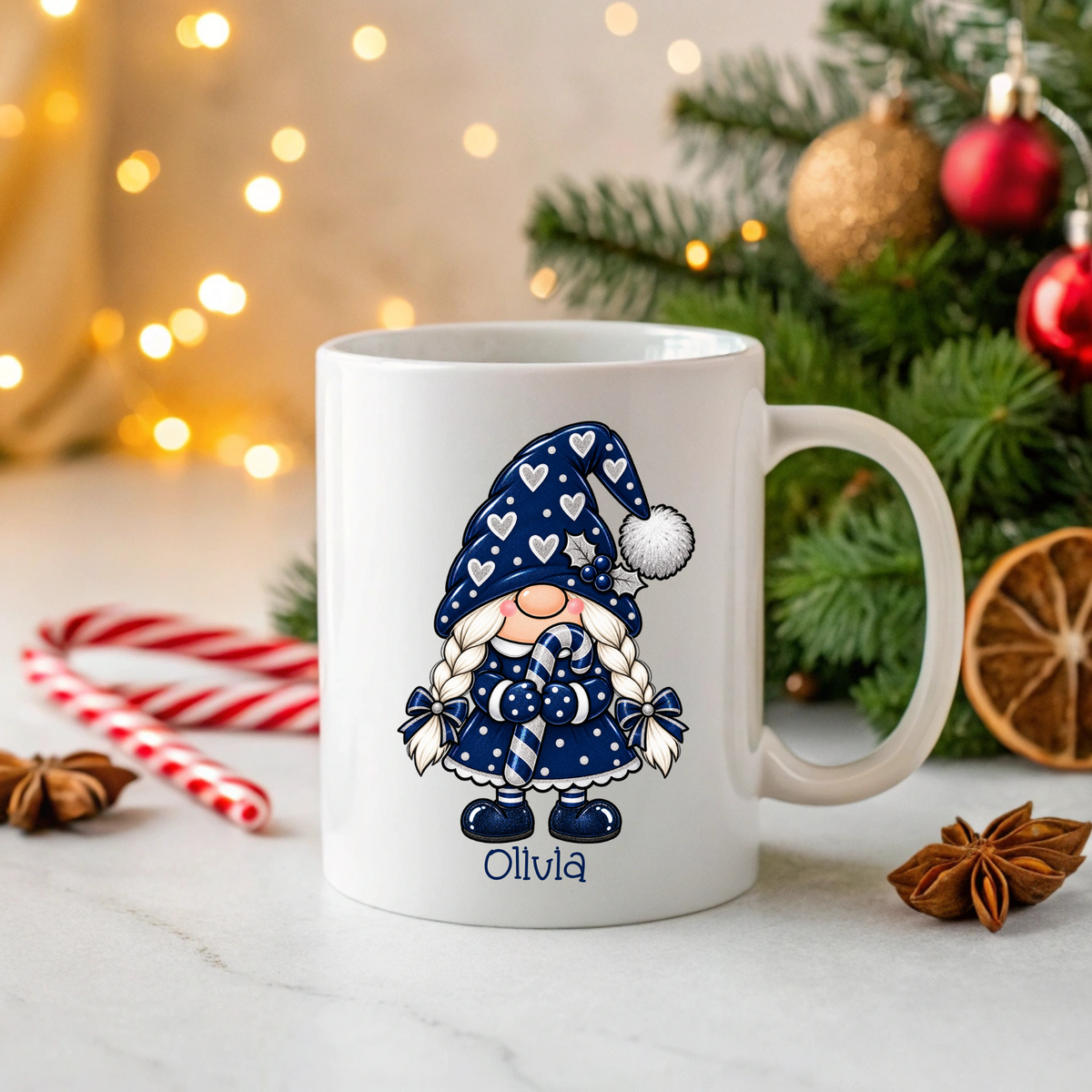 Personalised girl Christmas Gonk mug with candy cane and custom name