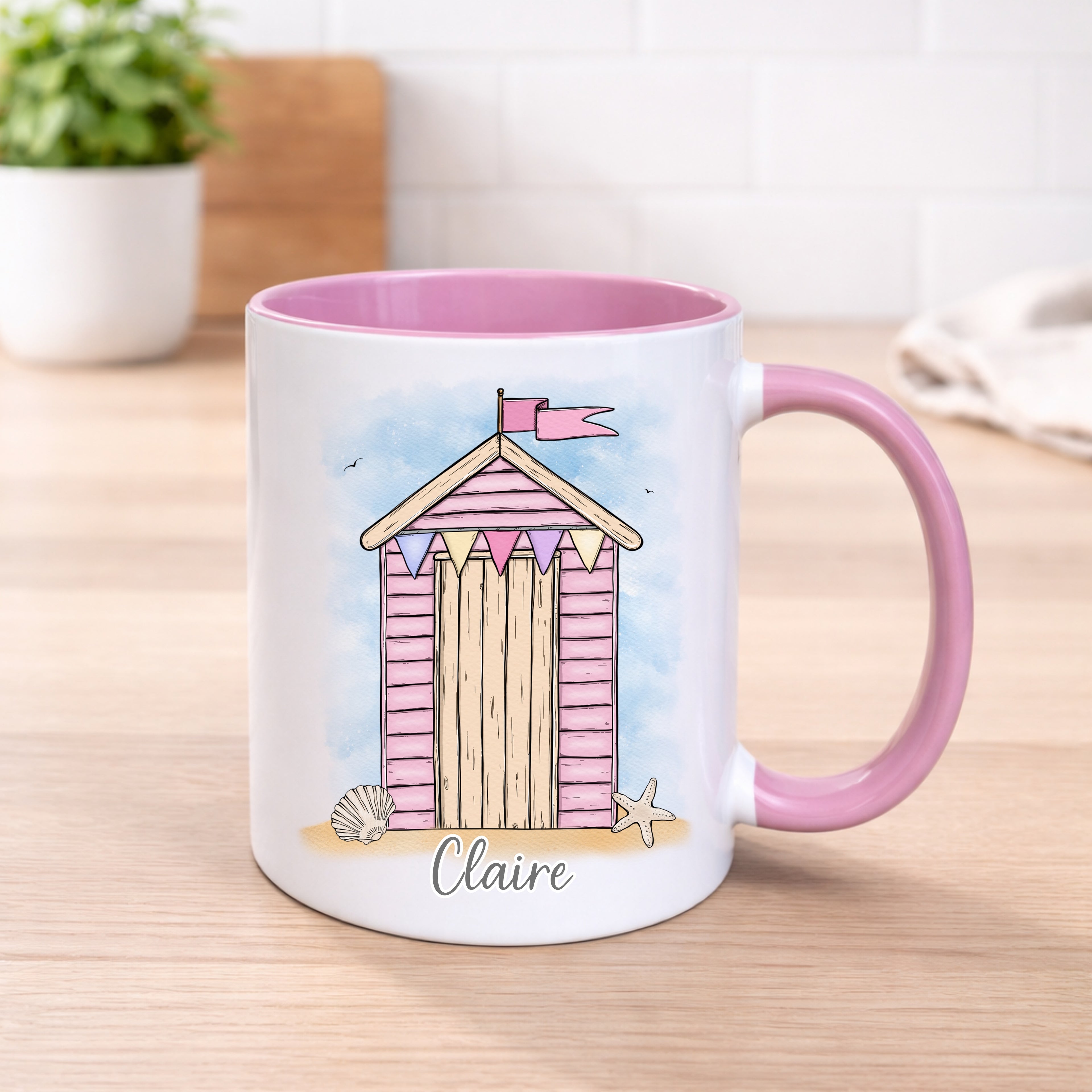 Personalised Beach Hut Mug – Custom Name Coastal Design - 4 Colour Options