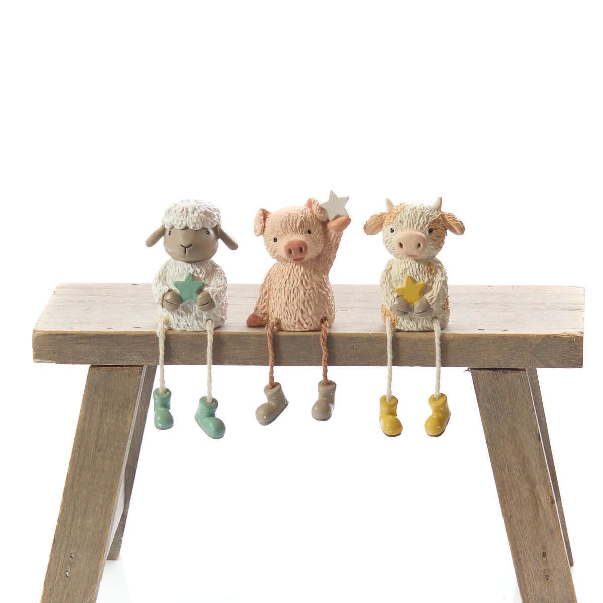 Set of 3 Mini Farm Animal Shelf Sitters – Cute Resin Farmhouse Decorations
