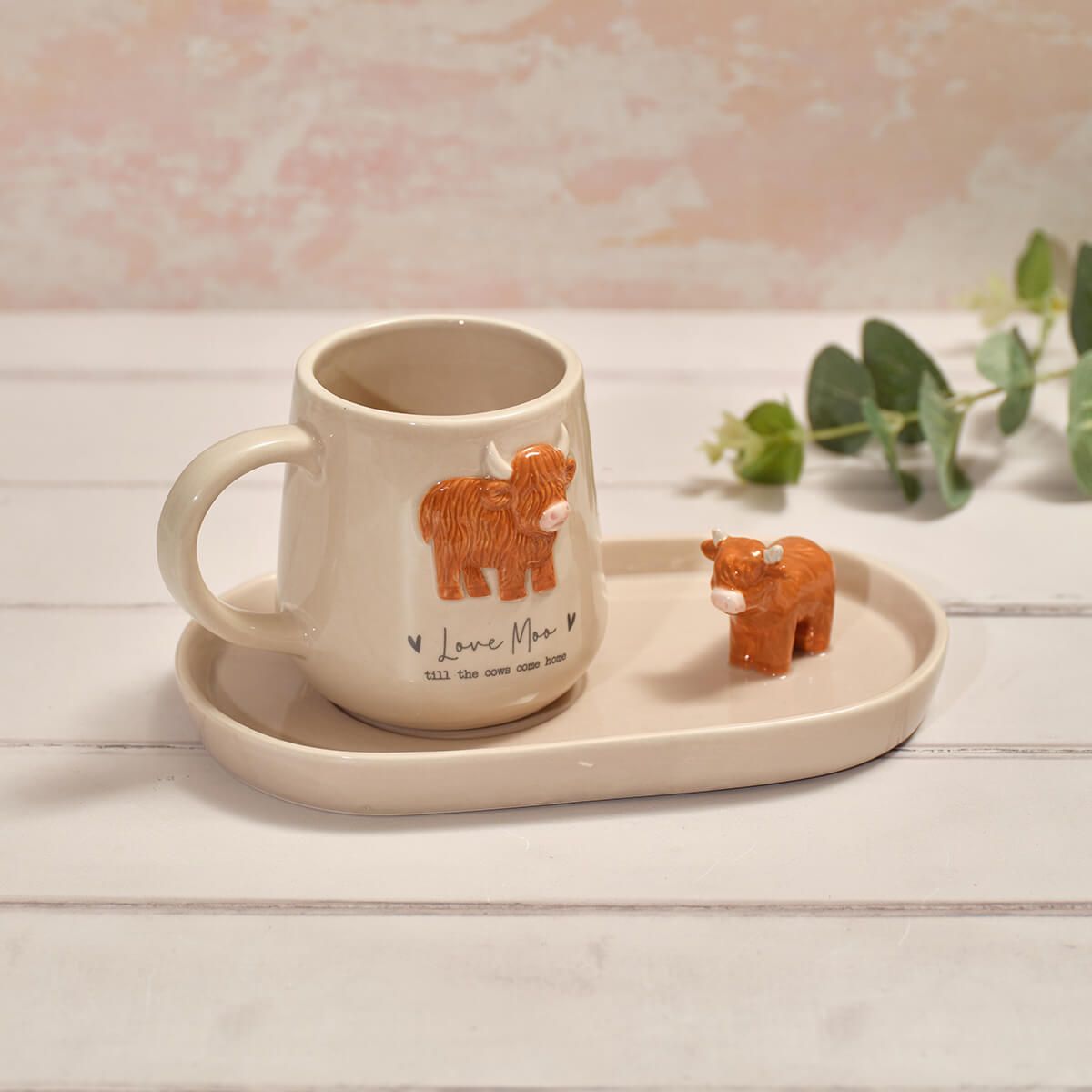 Tiny World “Love Moo” Highland Cow Mug & Saucer Set – Boxed Ceramic Gift Set