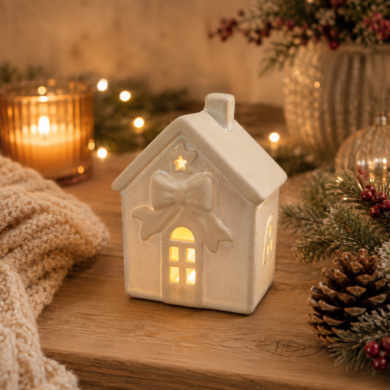 Natural LED Ceramic Bow House – 10.7cm Christmas Decoration