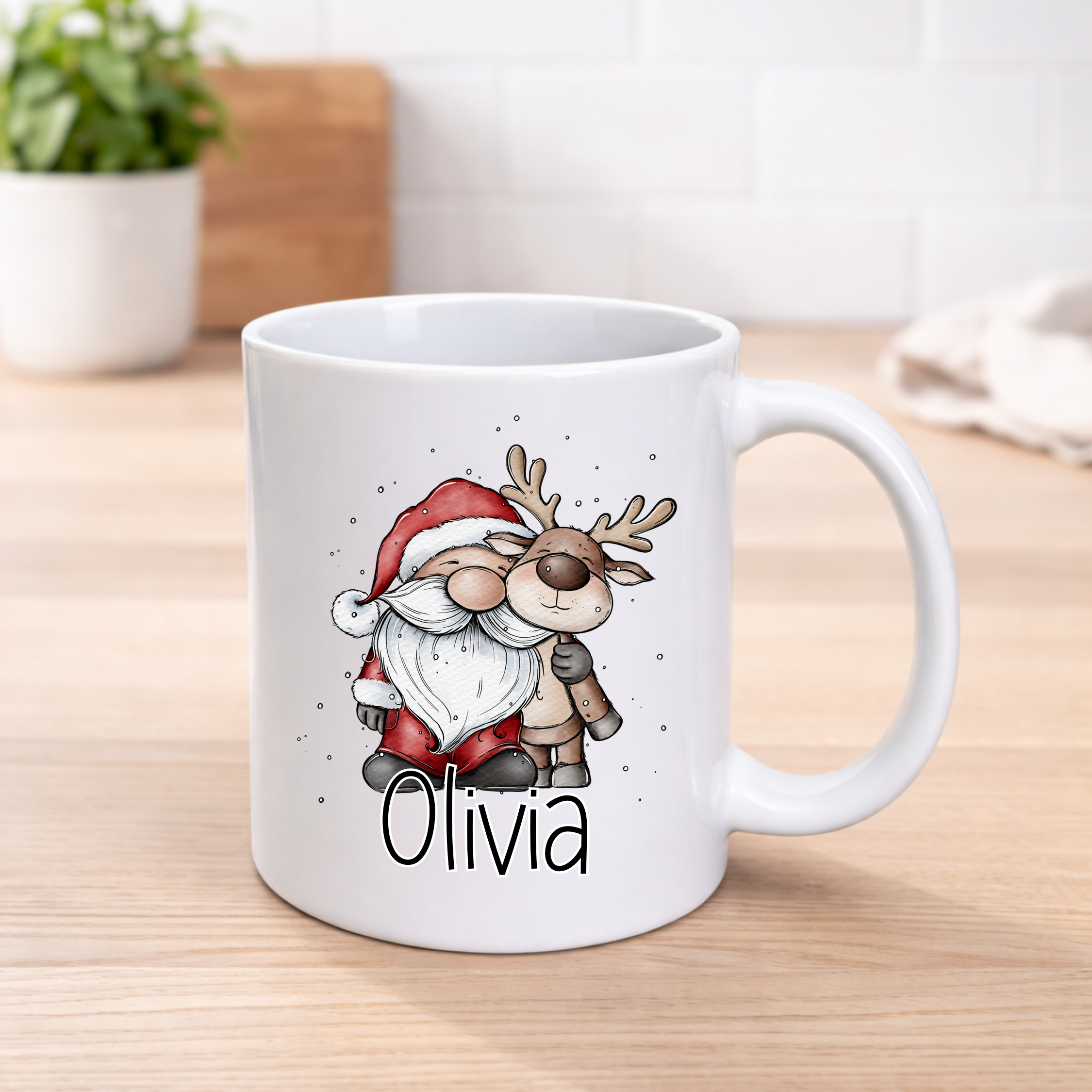 Personalised Christmas Santa & Reindeer Mug – Custom Name | 11oz Ceramic Mug