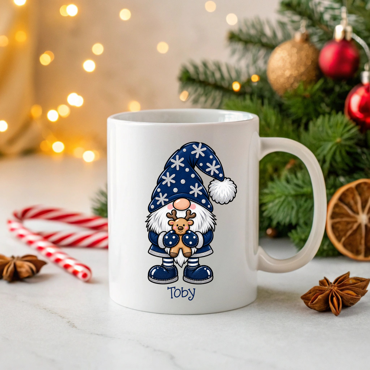 Personalised boy Christmas Gonk mug with reindeer and custom name