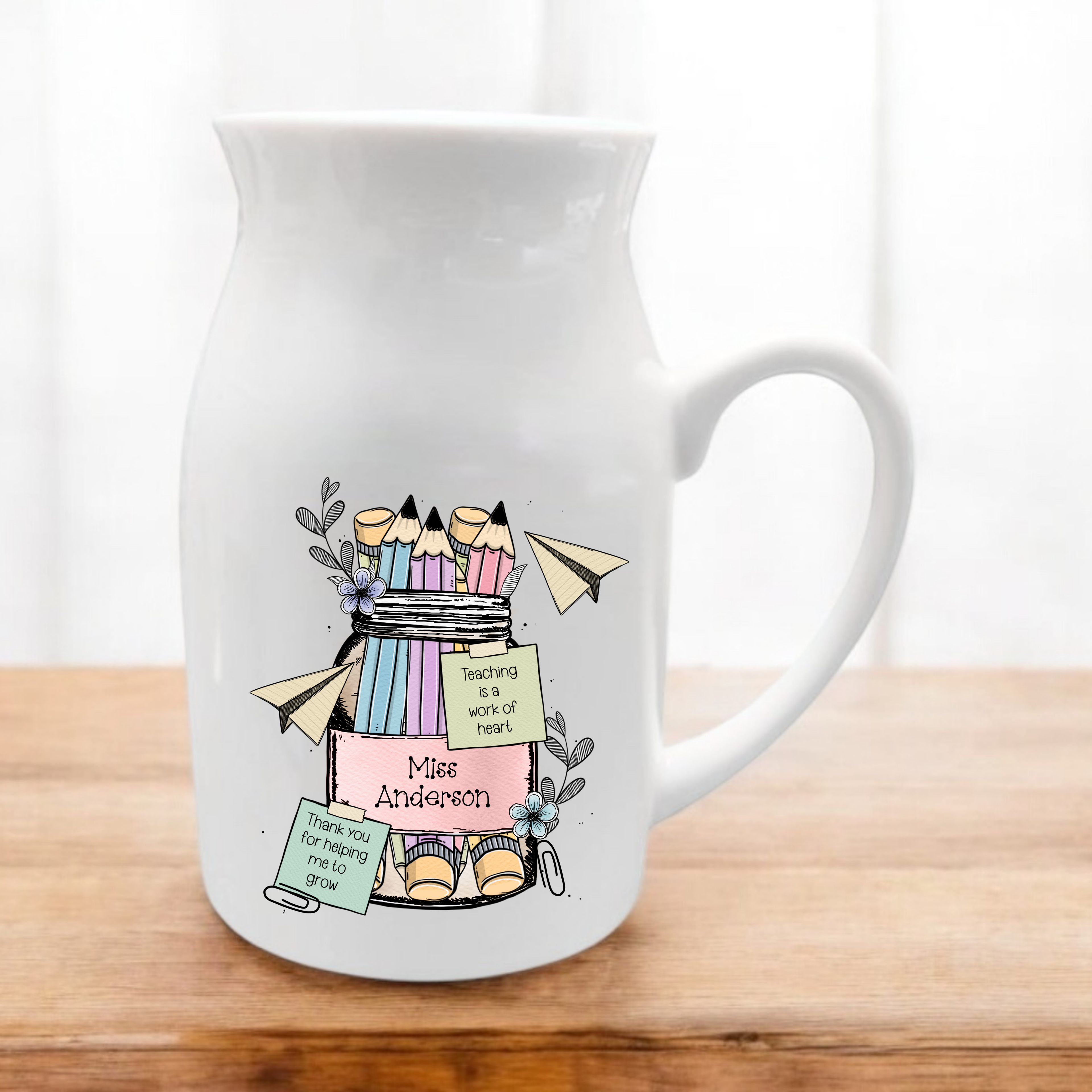 Personalised Teacher Gift – Mug, Pencil Pot, Flower Jug or Notebook