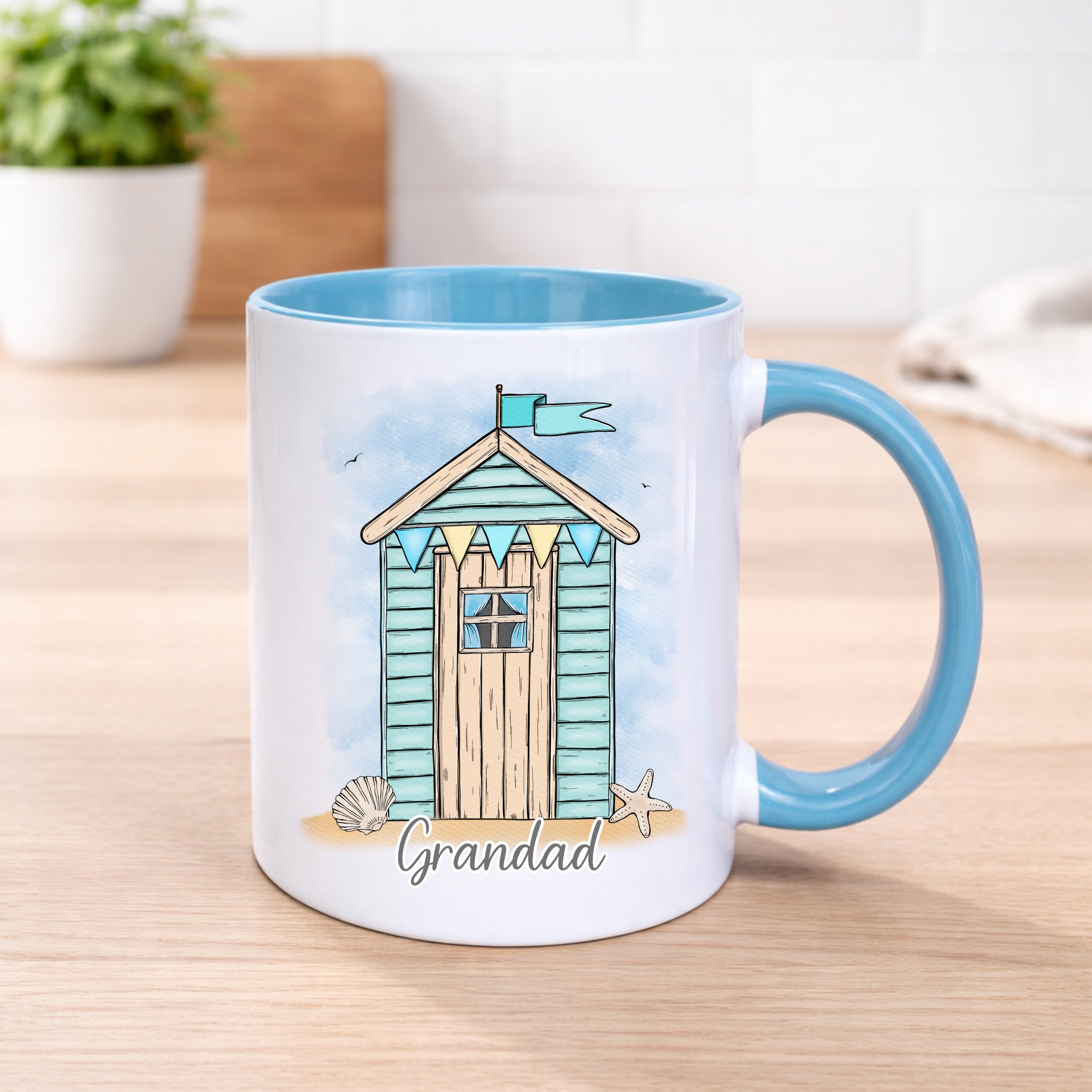 Personalised Beach Hut Mug – Custom Name Coastal Design - 4 Colour Options