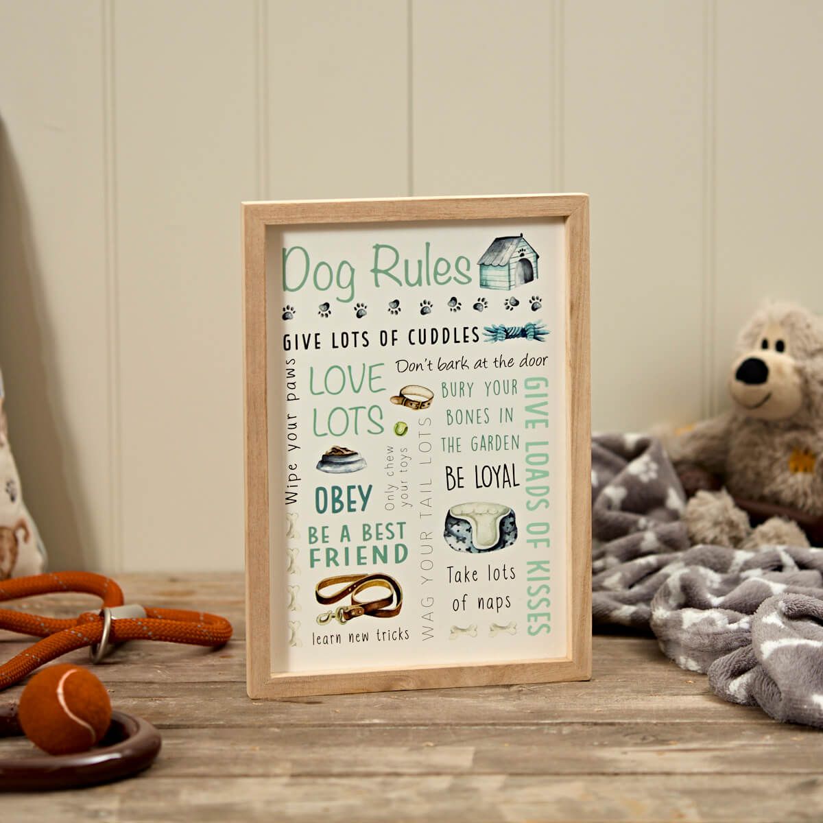 Dog Rules Wooden Framed Plaque – Funny Dog Lover Wall Sign