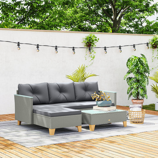 3 Pieces Rattan Garden Furniture Set, L Shaped Chaise with Wood Top Coffee Table and Thick Cushions