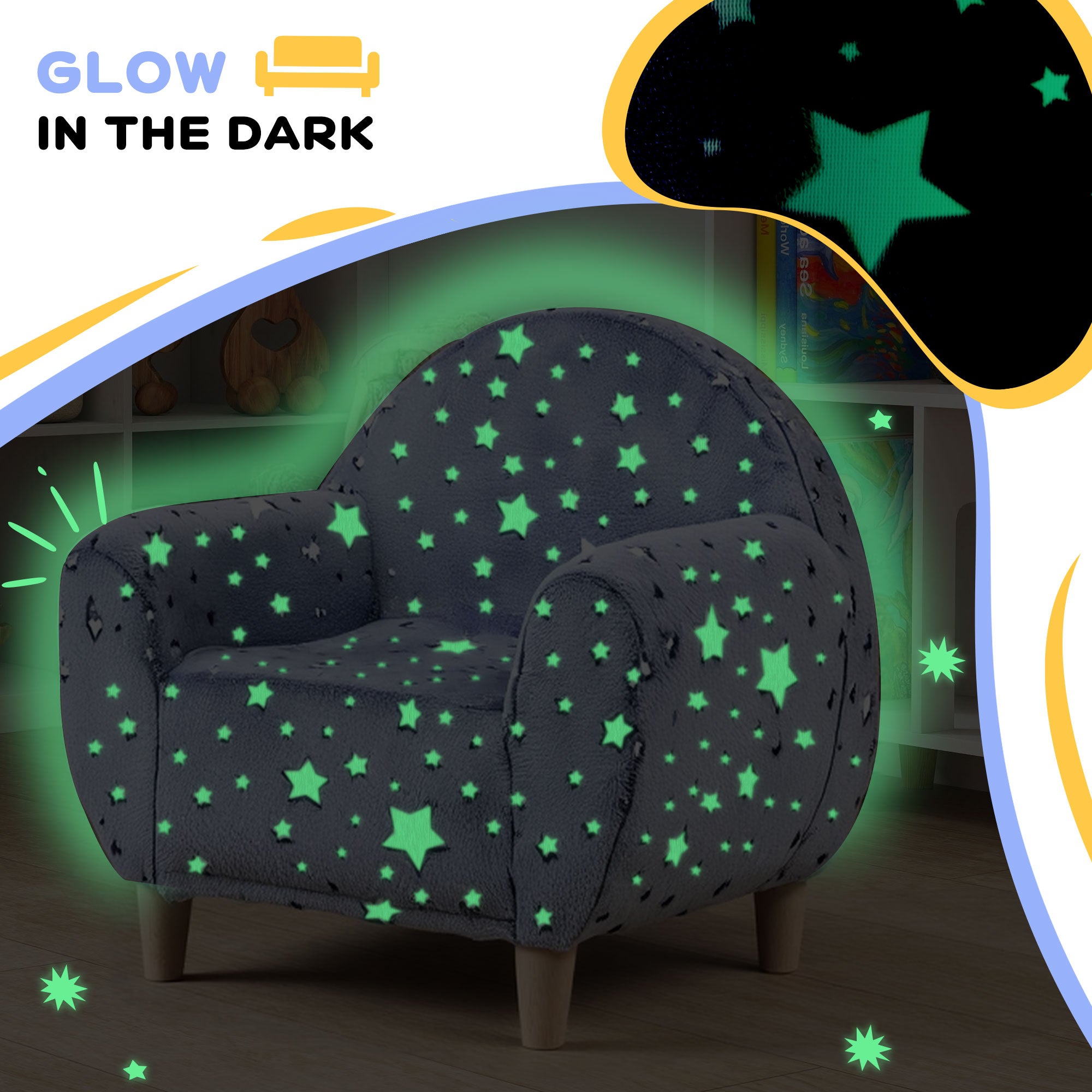 Kids Armchair, Glow in the Dark Chair with Star Design - Grey
