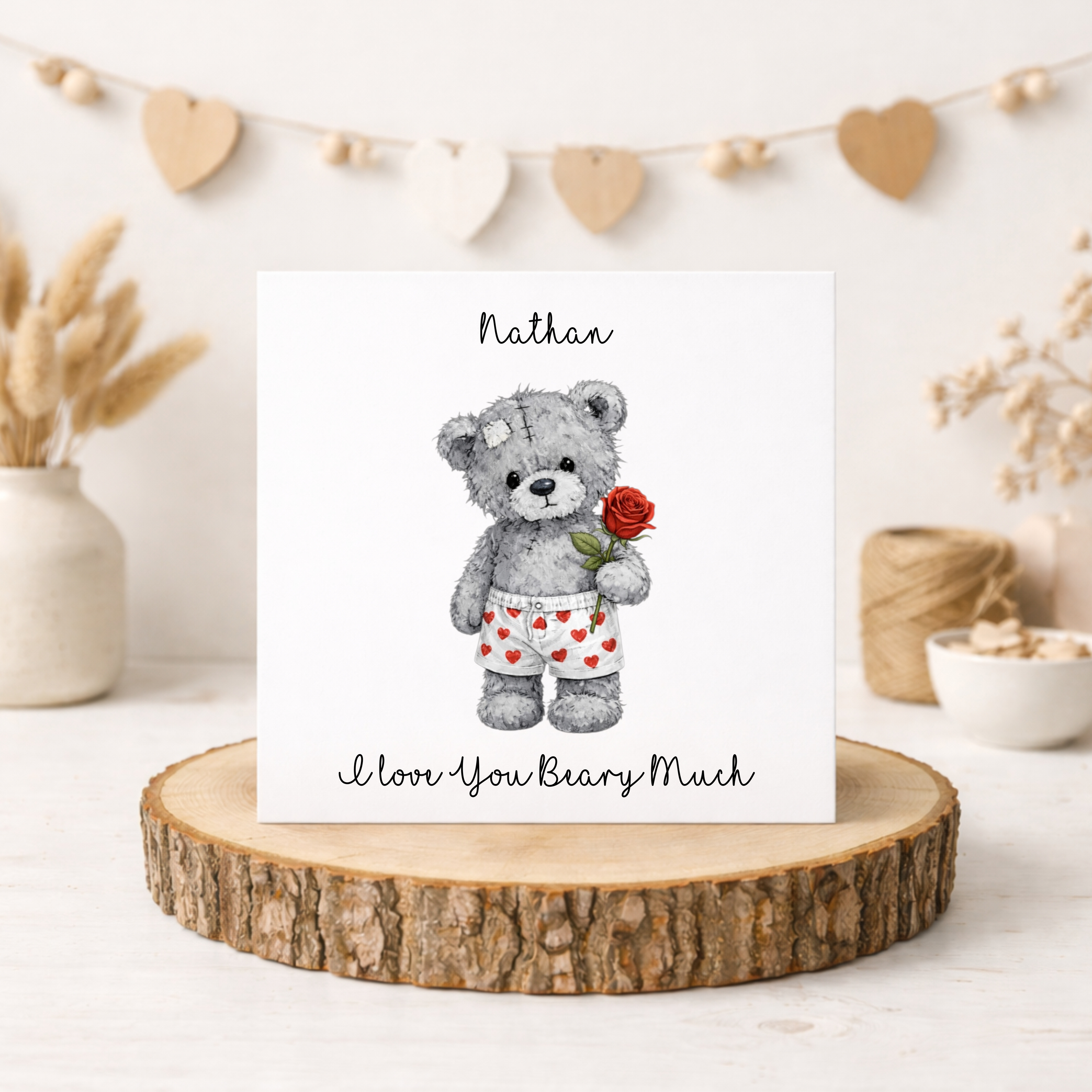 Personalised Bear with Rose Valentines Card - FREE Postage