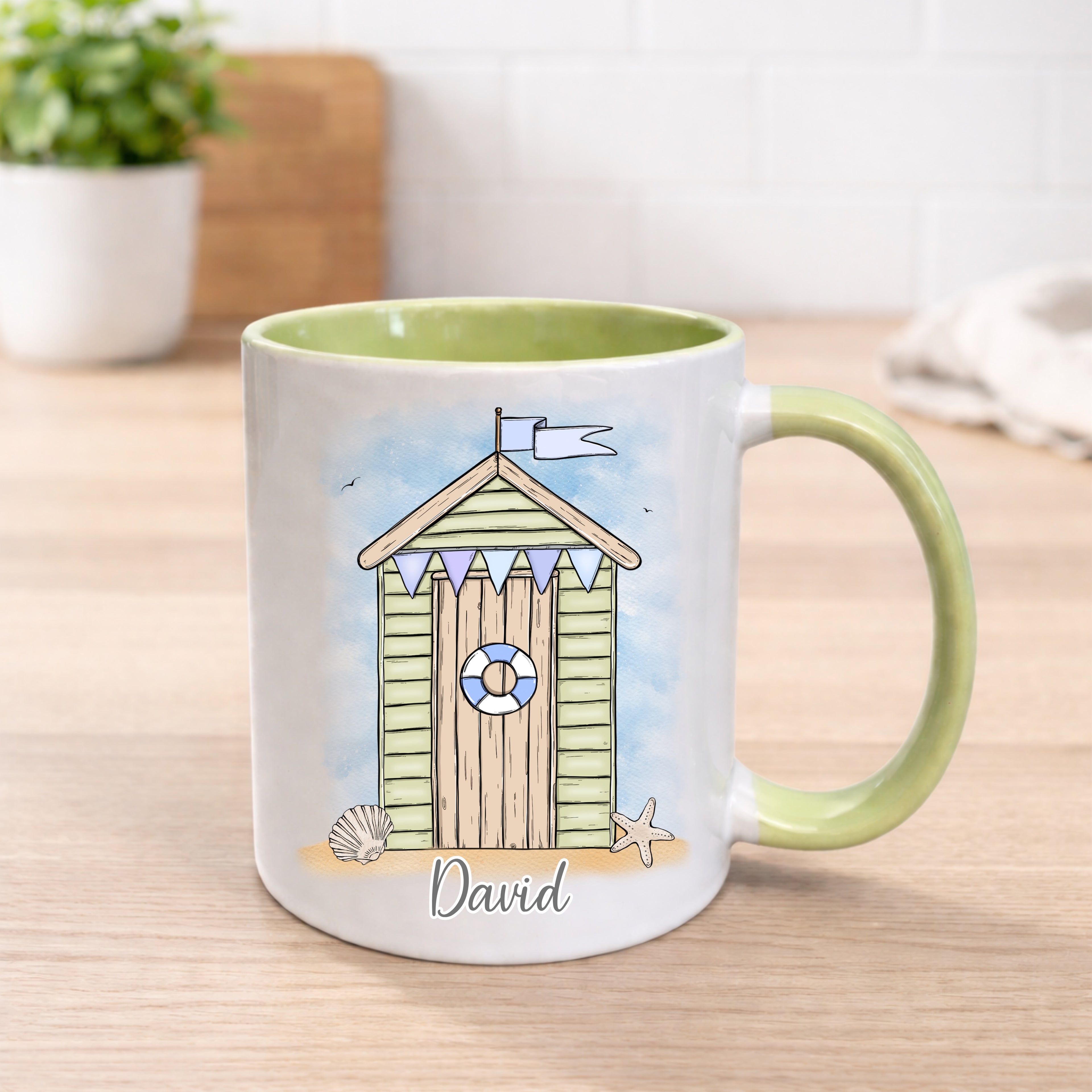 Personalised Beach Hut Mug – Custom Name Coastal Design - 4 Colour Options