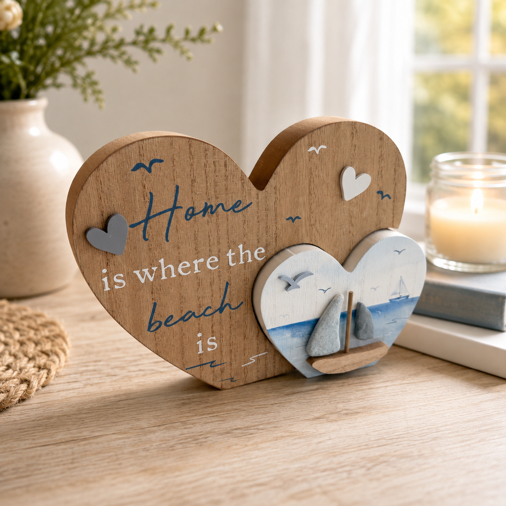 Chunky Wooden Coastal Heart Decoration | Nautical Seaside Ornament | 2 Designs - 22CM