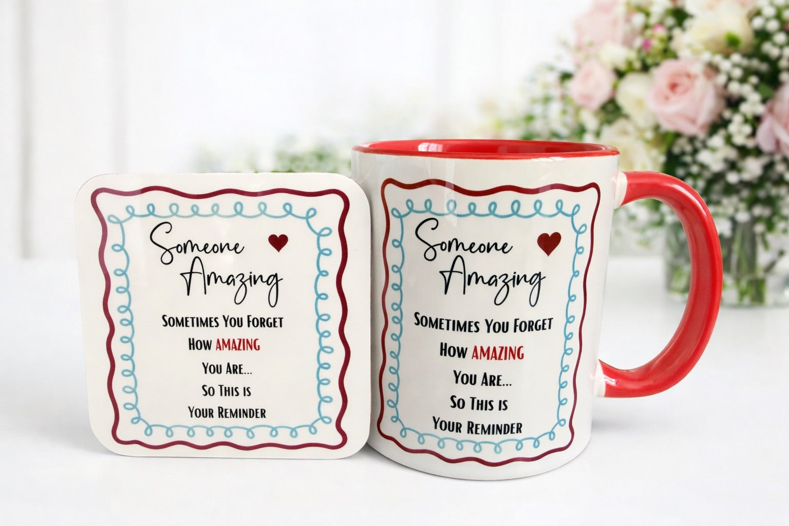 Someone Amazing Mug & Coaster Set – Motivational Gift – Red or Purple Inner Handle Mug – Positive Reminder Gift
