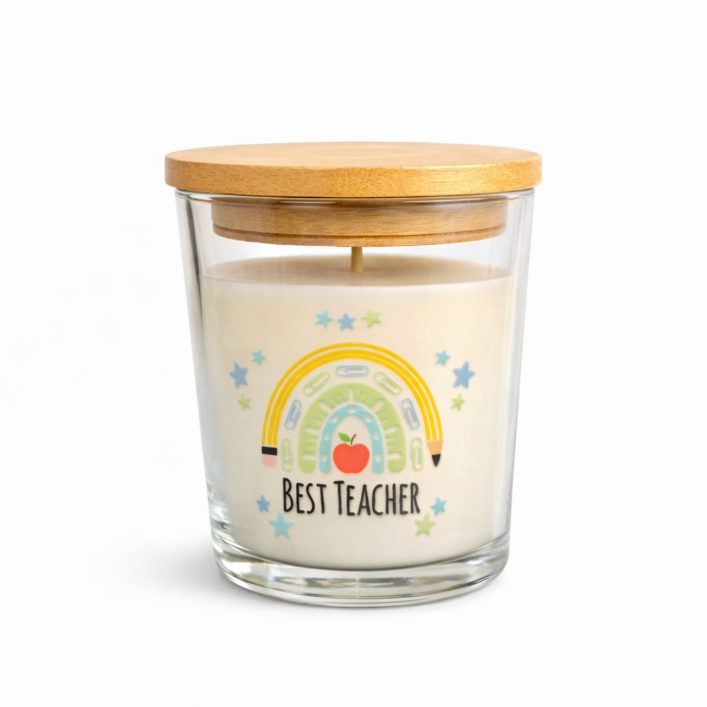 Candle with 'Best Teacher' text and rainbow design on a white background