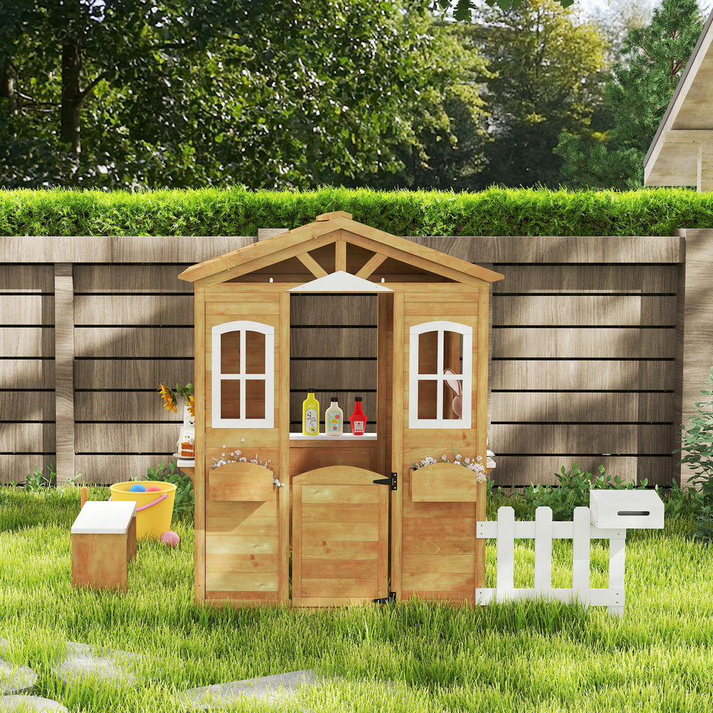 Wooden Playhouse for Kids with Door, Windows, Mailbox, Flower Pot Holder, Serving Station, Bench for Children