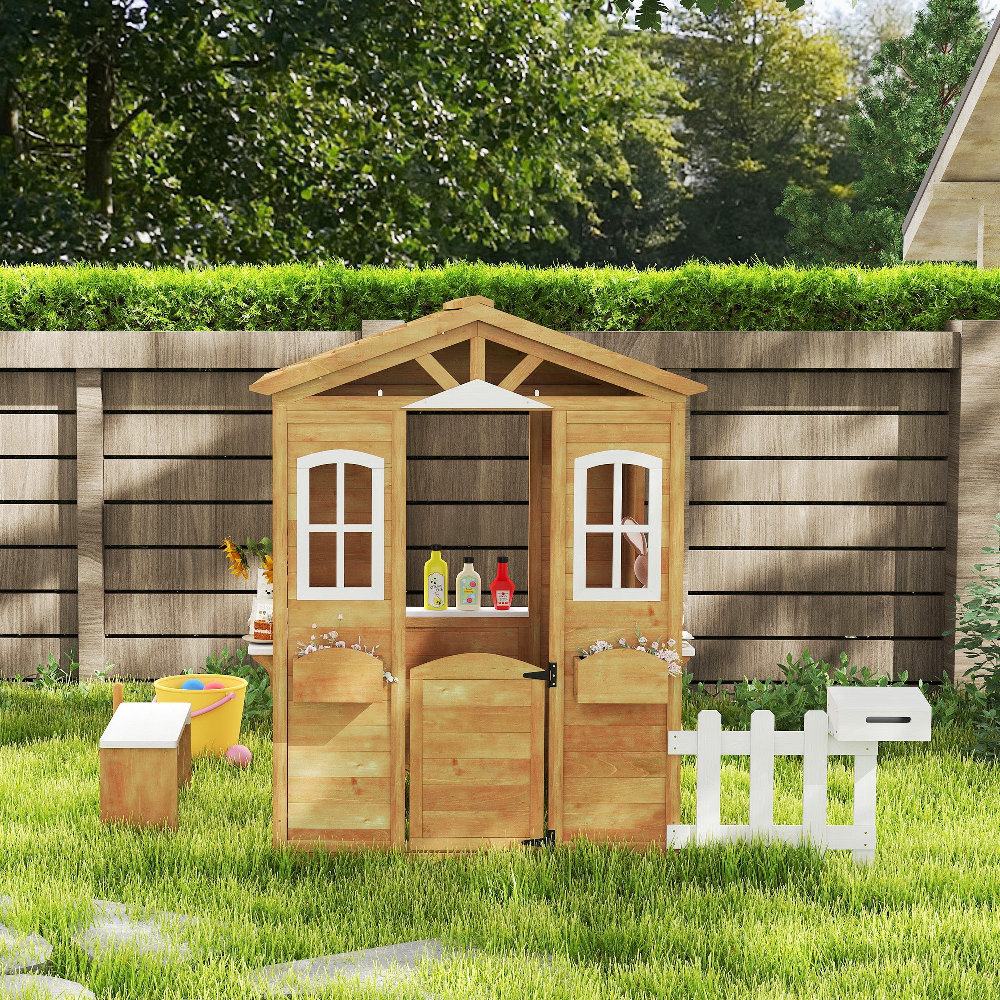 Wooden Playhouse for Kids with Door, Windows, Mailbox, Flower Pot Holder, Serving Station, Bench for Children