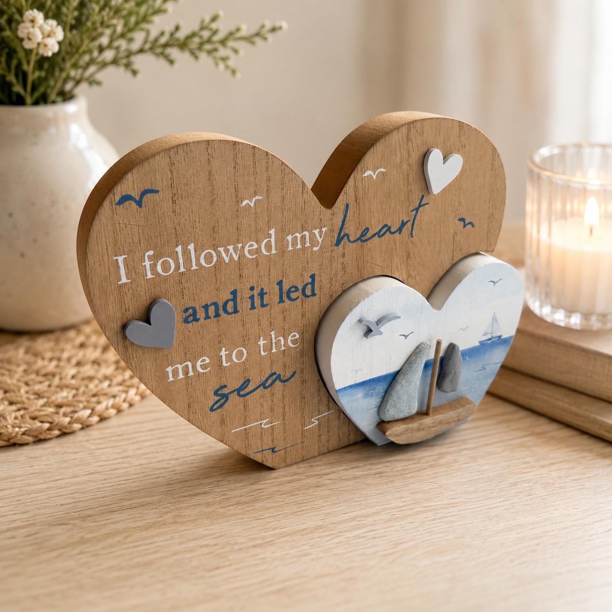 Chunky Wooden Coastal Heart Decoration | Nautical Seaside Ornament | 2 Designs - 22CM