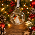 Clear glass robin Christmas bauble with detailed bird inside and hanging ribbon