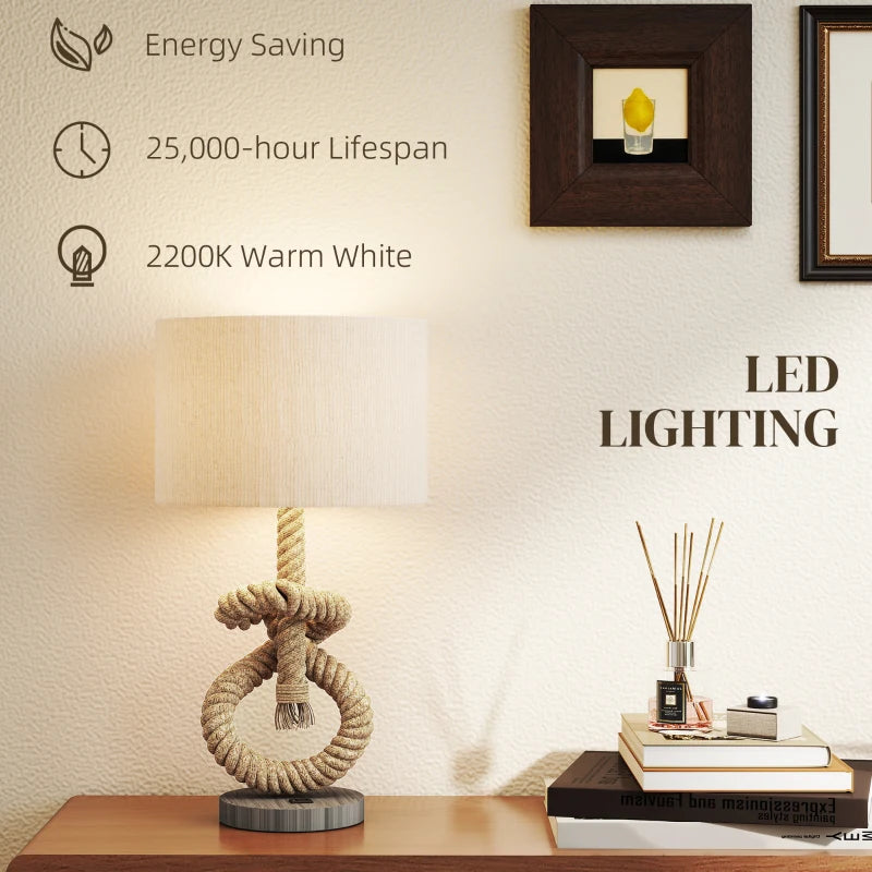 Nautical Table Lamps Set of 2 with USB Charging Port, Bedside Lamps for Bedroom Living Room, Warm White LED Bulb Included, with Hemp Rope, Natural