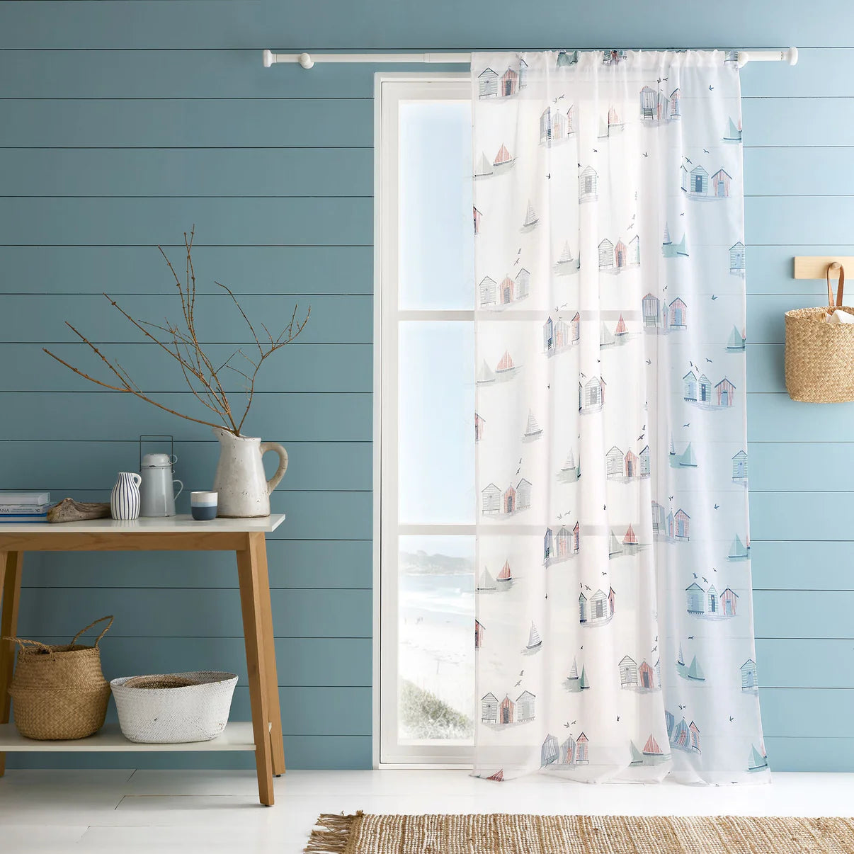 Beach Huts Voile Panel in Blue