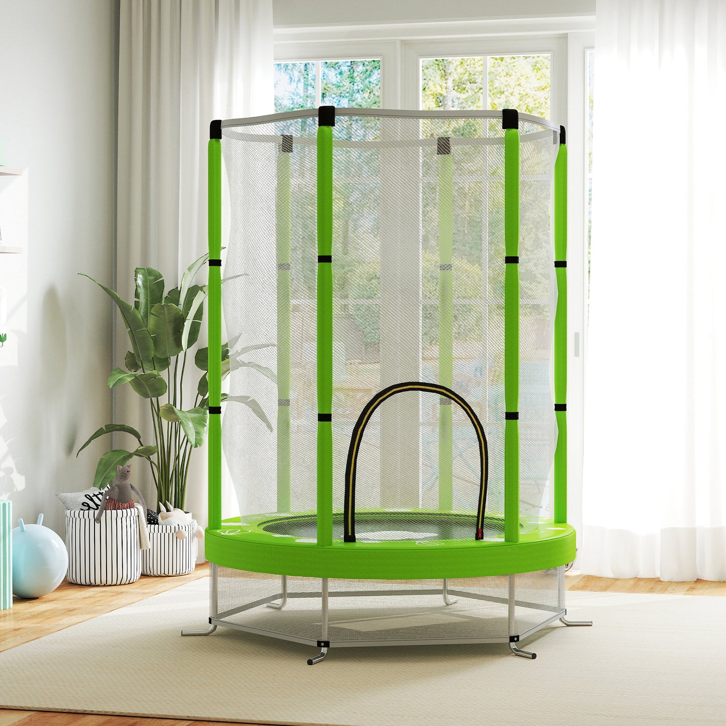 4.6FT Toddler Trampoline w/ Safety Enclosure Net, for Indoor Outdoor Use, Ages 3-6 Years, Cloud Pattern - Green