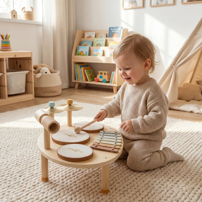 Baby Drum Kit, Wooden Kids Musical Instruments with Drums and Xylophone, Gifts for Girls Boys Birthday, Natural