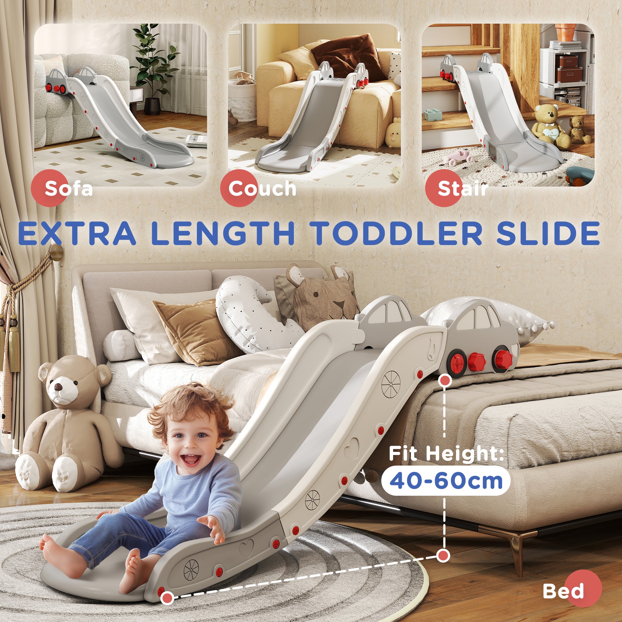 Kids Slide for Bed, Sofa, with Extended Length, Easy to assemble and Store, Grey