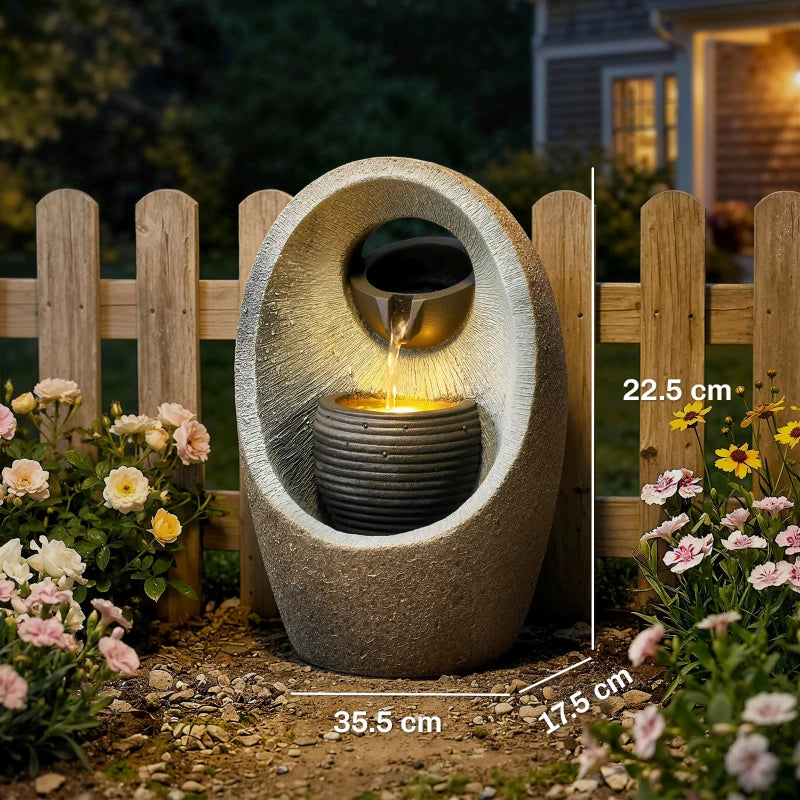 SMALL Water Feature with 2-Tier Bowls, Garden Water Fountain with Pump and LED Lights, Resin Cascading Waterfall