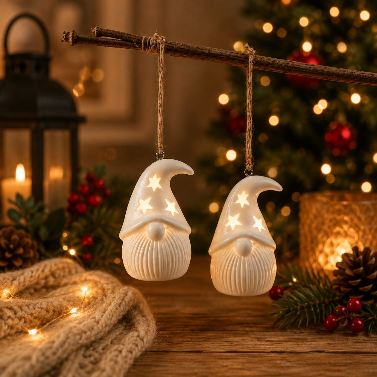 Pair of Hanging Light Up Porcelain Gonks – 8cm LED Christmas Decorations