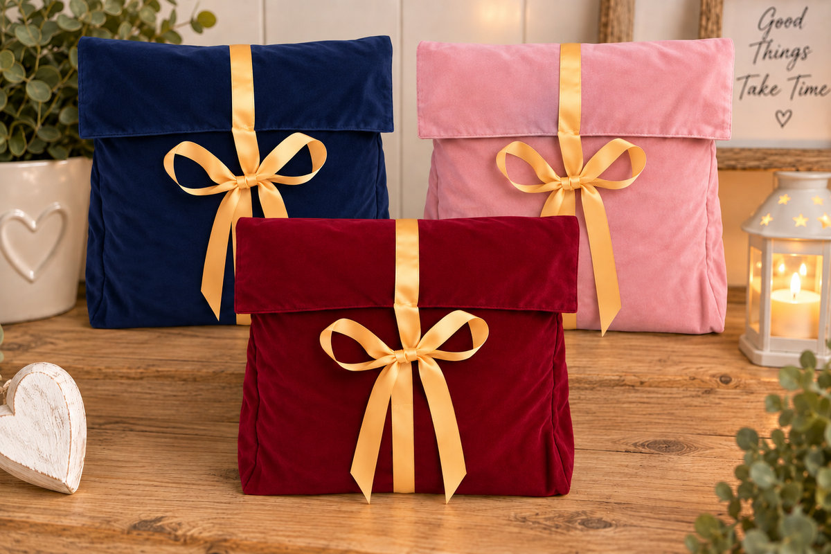 Luxury Velvet Christmas Gift Bag with Gold Satin Lining & Gold Ribbon – 40cm