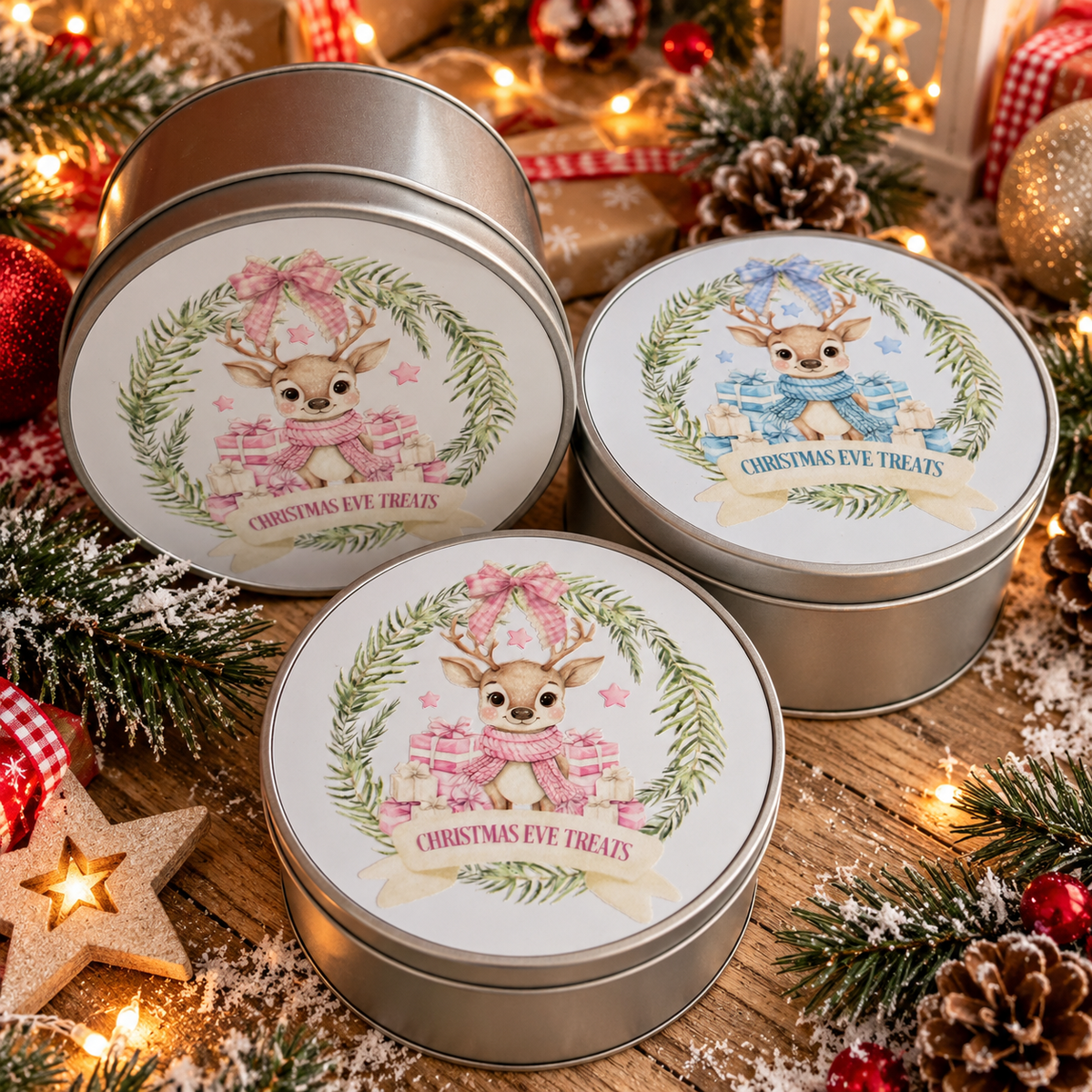 Christmas Eve Treat Tin – Pink or Blue Reindeer Design