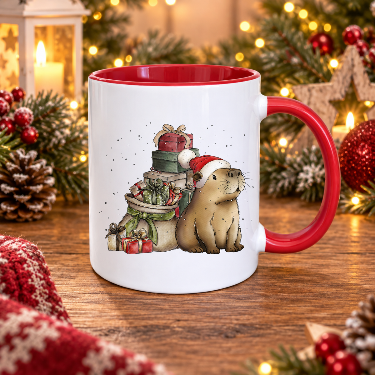 Christmas capybara mug with Santa hat and presents printed in-house by South Shore Gifts