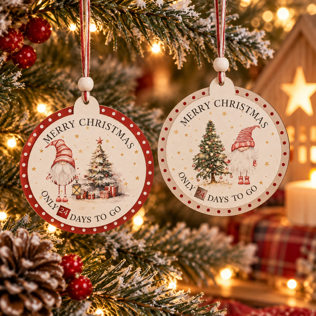 Red and grey gonk Christmas countdown hanging decorations with Christmas tree design