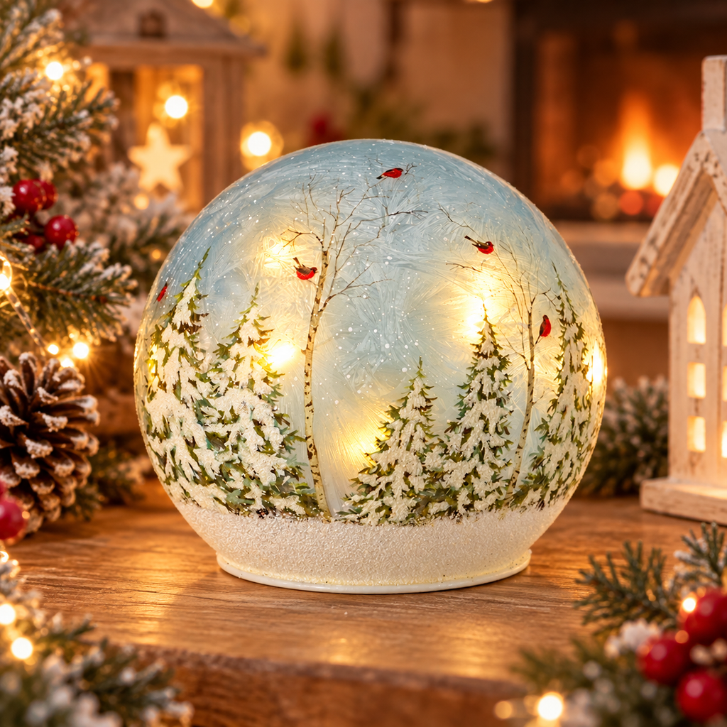 Glass LED Christmas globe with snowy winter forest trees and red robins