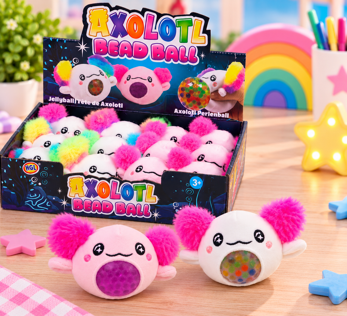 Pink and white Axolotl Squeezy Bead Ball plush sensory toys with fluffy gills and colourful pop-out bead-filled tummies.