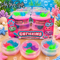 Cutiekins Axolotl Mix-Ems sensory toys featuring three colourful mini squishy axolotls in a reusable clear plastic pot with pink or blue slime.