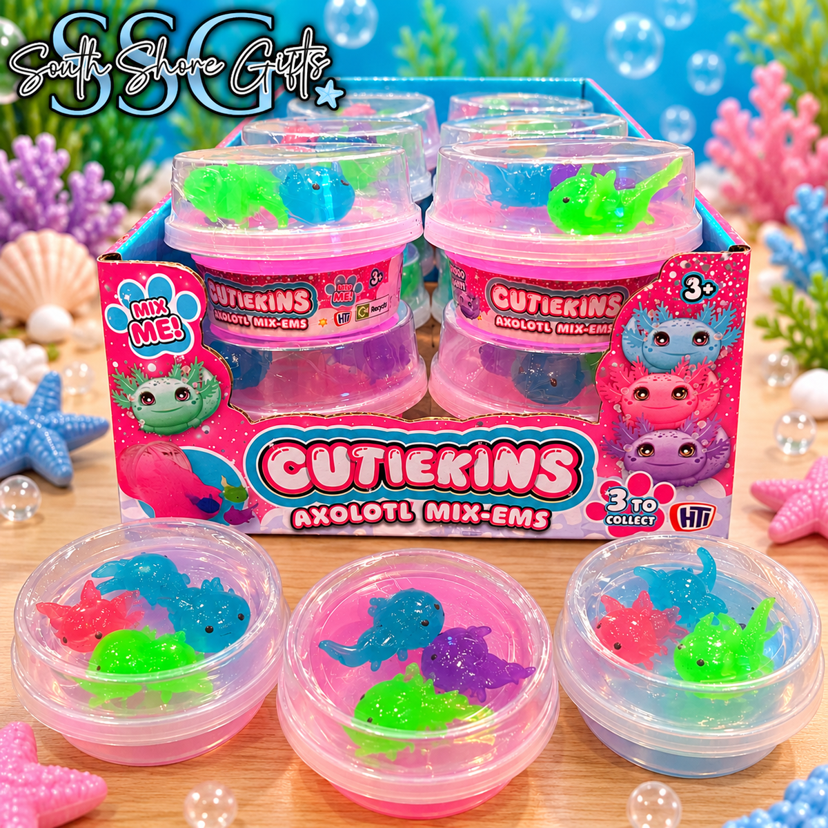 Cutiekins Axolotl Mix-Ems sensory toys featuring three colourful mini squishy axolotls in a reusable clear plastic pot with pink or blue slime.