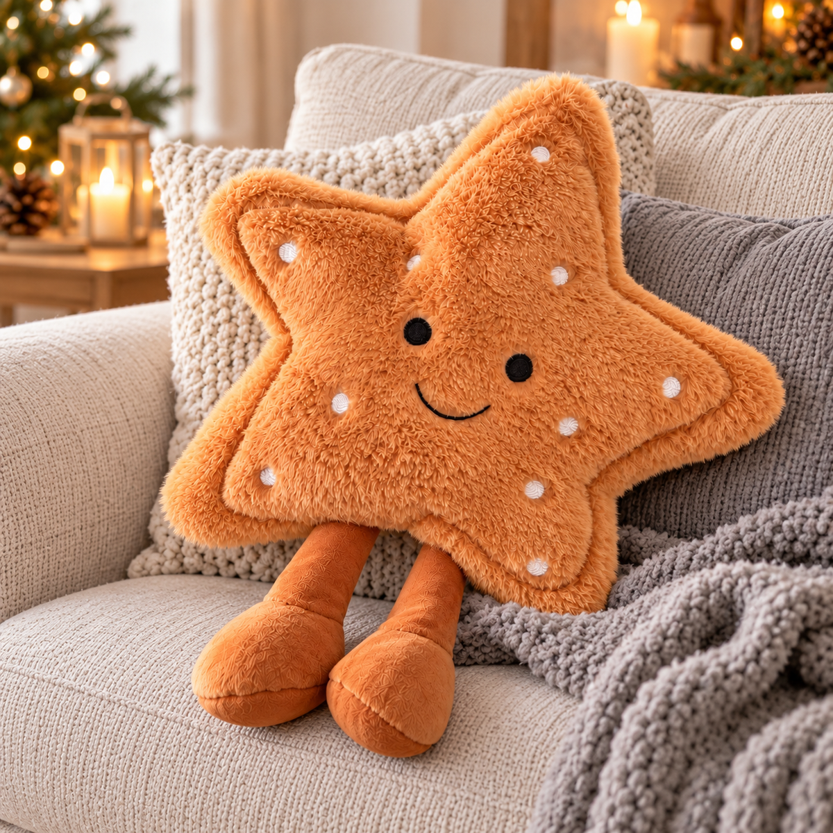 Large Fluffy happy face star cushion with white polka dots, embroidered smile and dangling legs, sitting on a cosy sofa with grey knitted throw.