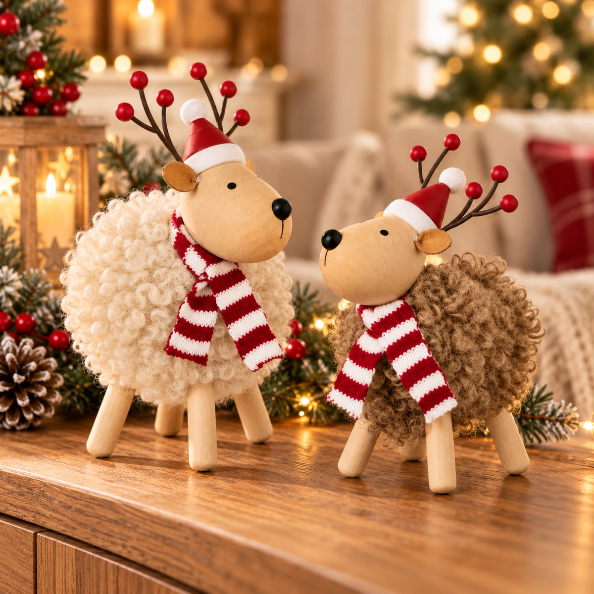 Set of 2 rustic Christmas reindeer decorations with fluffy cream and brown bodies, wooden heads, Santa hats, red striped scarves and berry antlers displayed in a cosy festive home.