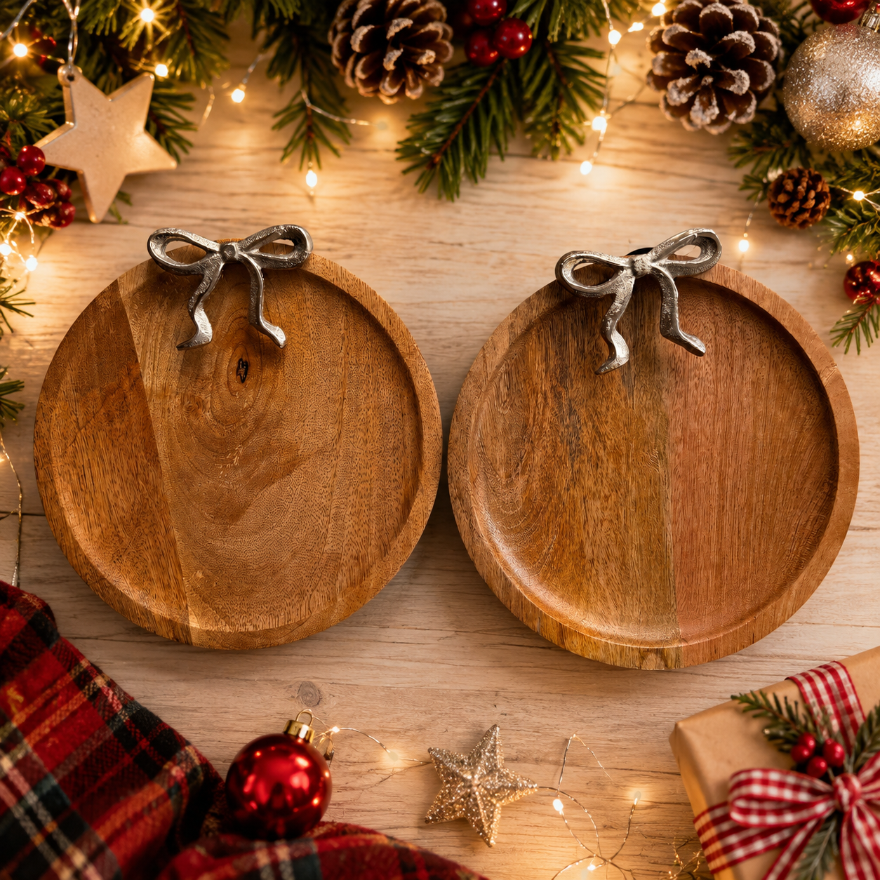 Set of 2 Wooden Serving Boards with Silver Bow | Decorative Snack & Serving Trays