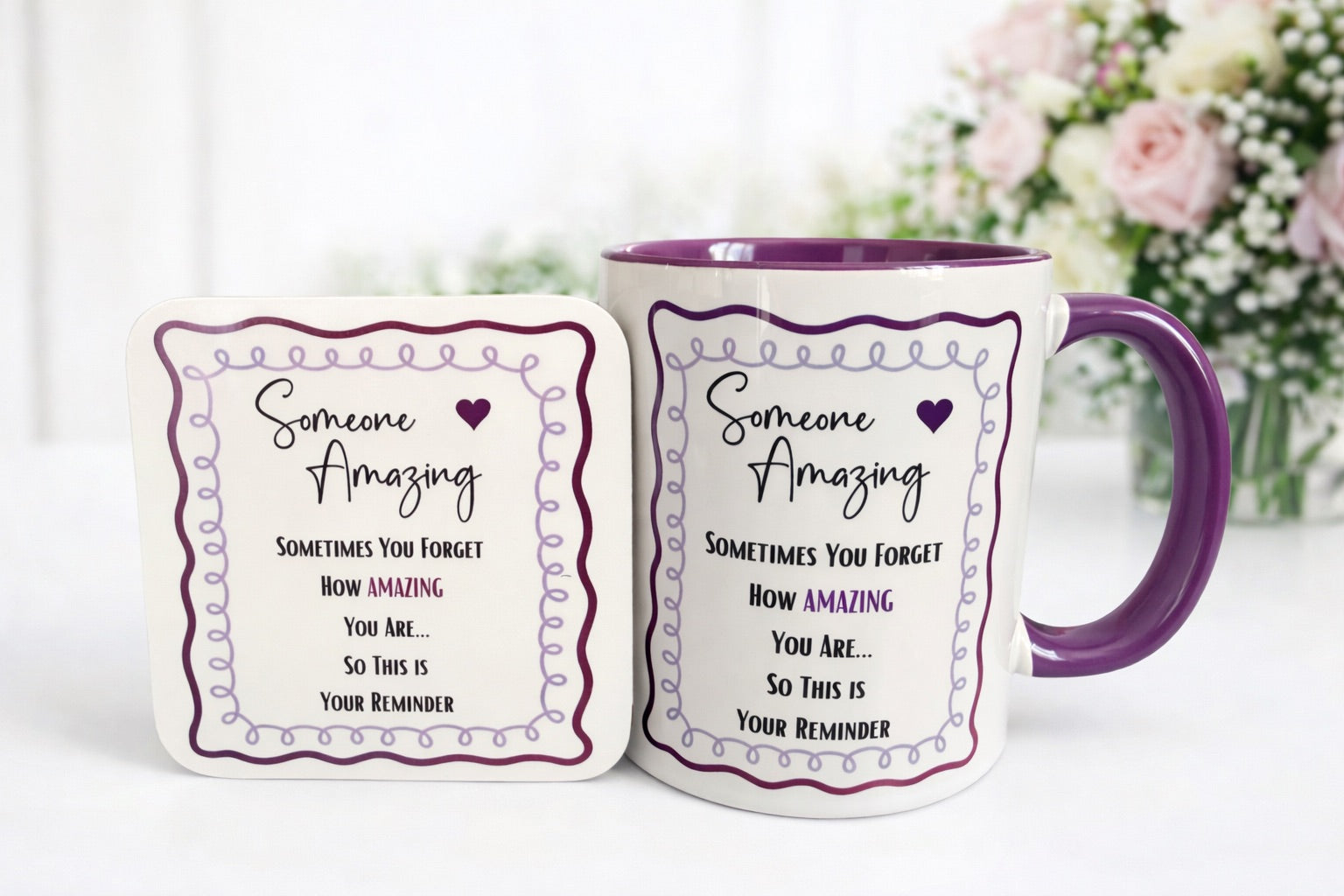 Someone Amazing Mug & Coaster Set – Motivational Gift – Red or Purple Inner Handle Mug – Positive Reminder Gift