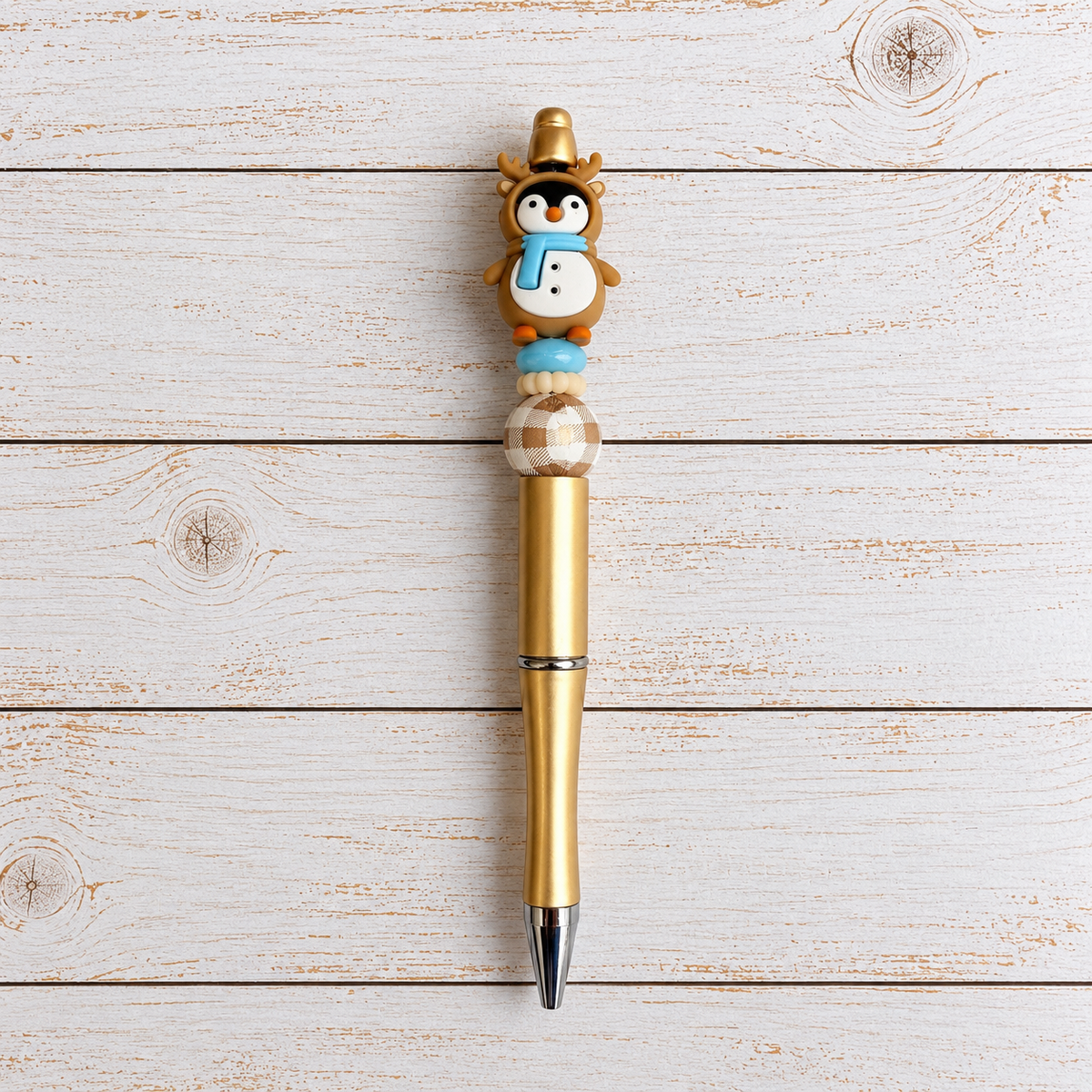 Penguin Reindeer Novelty Beaded Pen - Gold