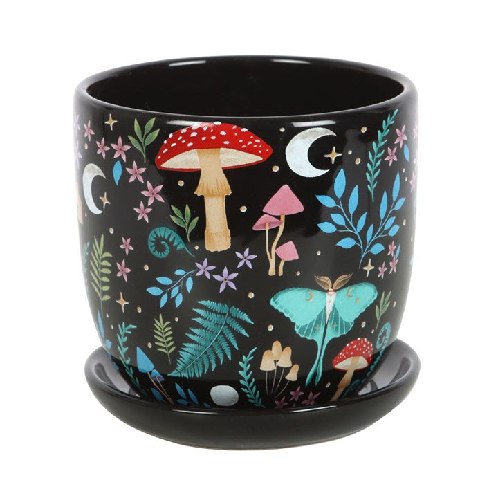 Dark Forest Print Ceramic Plant Pot With Saucer